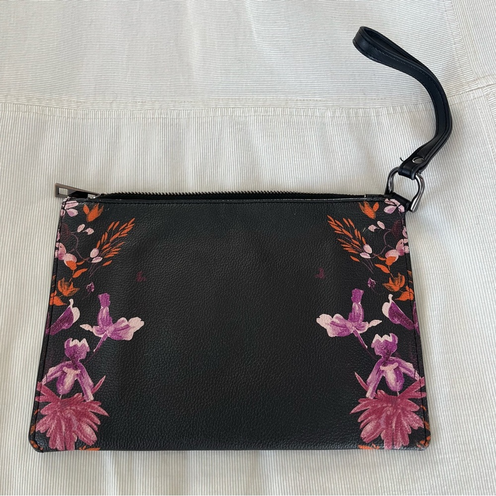 A New Day pouch bag/wristlet. Black floral faux leather.